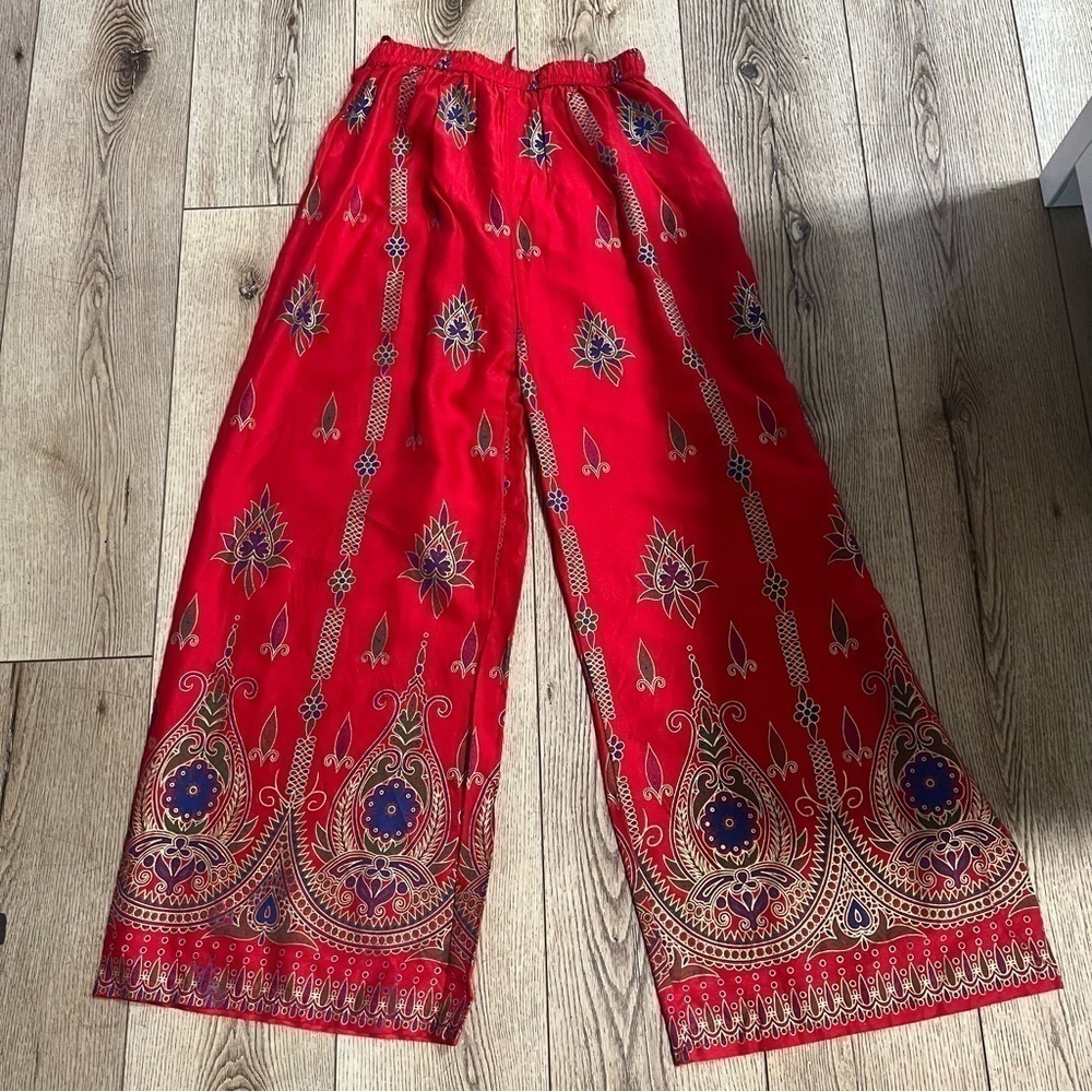 Nwt lightweight red lounge pants with Indian theme purple green elastic waist S - Picture 12 of 14